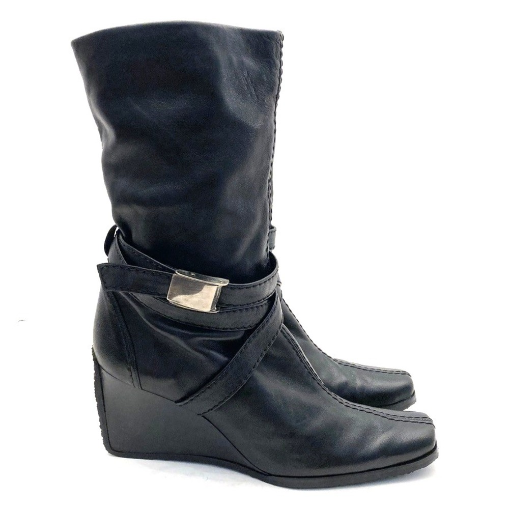Stuart Weitzman Black Leather Wedge Boots Wraparound Strap Women 8 Narrow Slouch